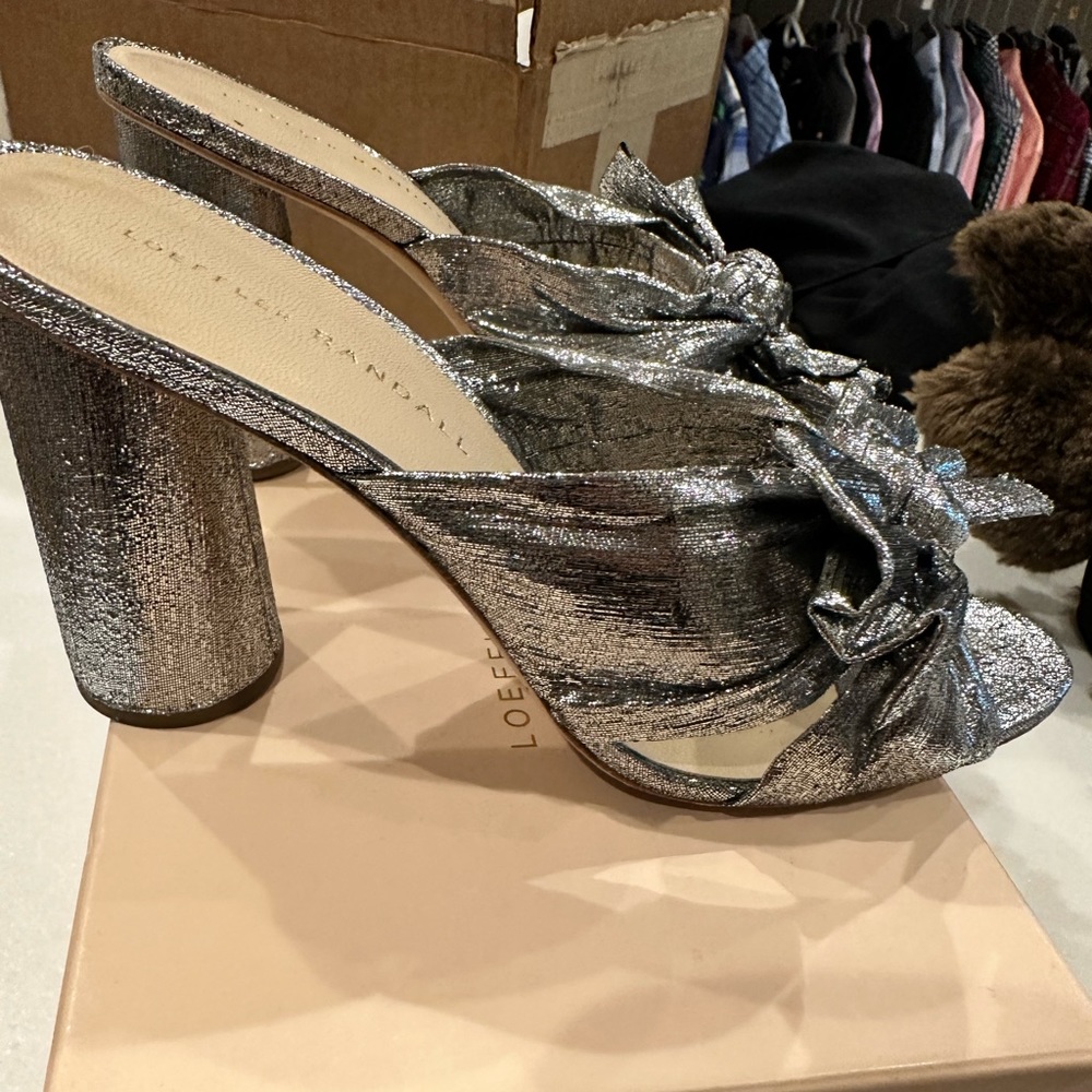 Silver Loeffler Randall sandals with bow